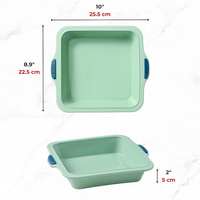 Starfrit Silicone Bakeware 8" (20cm) Square Cake Pan with Integrated Metal Frame - BPA-Free Premium Silicone - Heat Resistant - Ergonomic Handles - Easy Release - Oven & Dishwasher Safe - Green