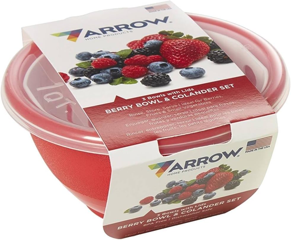 Arrow Berry Bowl & Berry Colander Set - Fruit Strainer Container with Lid - Rinse, Store & Serve - Dishwasher Safe, BPA Free - 1 Quart, Assorted Colors (Red or Green) - Made in USA