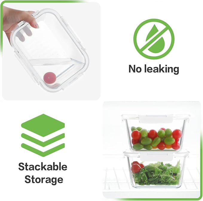 HOMBERKING 4 Pieces 63oz/8cup Large Glass Food Storage Containers with Lids, Meal Prep Containers, Airtight Bento Boxes with Leak Proof Locking (2 Containers 2 Lids), Microwave,Oven,Fridge Safe-White