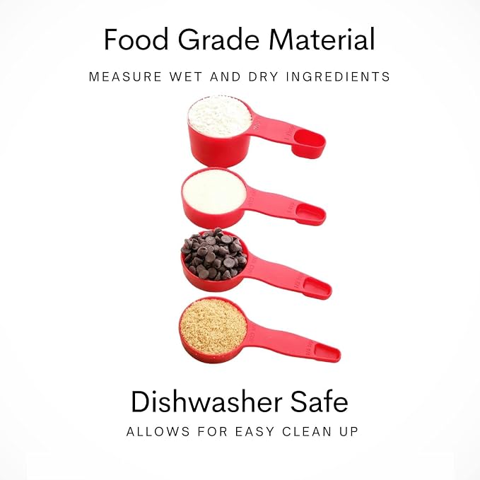 Storage Theory 2-in-1 Measuring Cups & Spoons Set (4-Piece) - Nesting Space-Saving Kitchen Gadget - BPA-Free Food Grade Plastic - Dishwasher Safe for Baking, Cooking, Coffee - Red