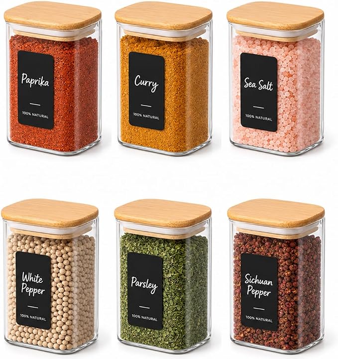 ComSaf Spice Jars 8oz Set of 6, Small Seasoning Containers with 9 Labels | Small Glass Jars With Labels, Empty Rectangle Canisters, Spice Rack Organization, Loose Tea, Herb, Powder, Dry Good, BPA Free