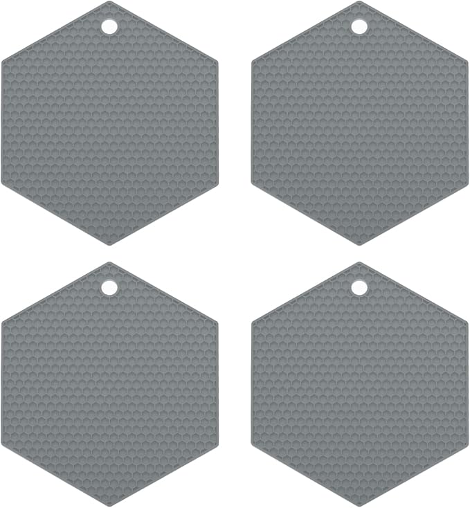 uxcell 4pcs Silicone Trivet Mats Heat Resistant Silicone Pot Holders for Hot Pots and Pans, Non-Slip Hot Pads for Kitchen Hot Dishes Table Countertops, Grey(Hexagonal)