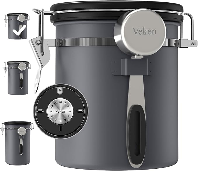 Veken Coffee Canister, Airtight Stainless Steel Food Storage Container,16OZ | Date Tracker, Kitchen Jars for Beans,Ground, Espresso, Rice,Tea, Sugar,Cereal,Cookie, Bar Accessories,Gifts, Lids, Scoop,Gray