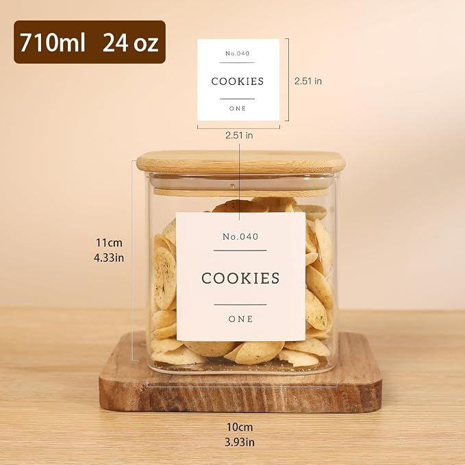 6 Pack Square Glass Pantry Storage Containers with 132 Kitchen Food Pantry Labels - 24 floz Clear Glass Pantry Jars with Airtight Wood Bamboo Lids - Glass Canisters for Sugar, Cereal, Coffee, Spice