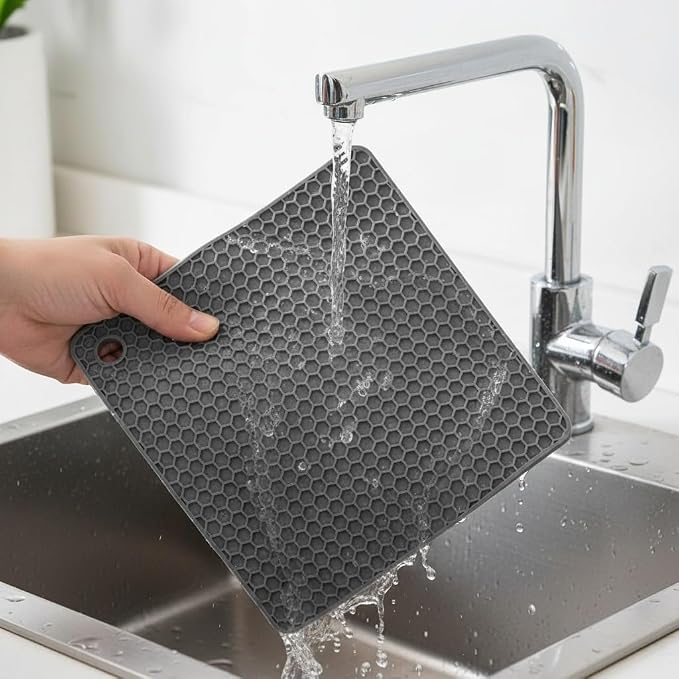 6-Pack Silicone Trivet Mats, Heat Resistant Hot Pads, Dishwasher Safe Kitchen Mats, BPA-Free Pot Holders for Table, Countertop, Stove, Honeycomb Design (Dark Grey, 7” Square/Round)