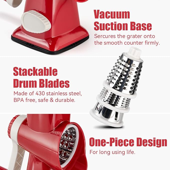 Cheese Grater Hand Crank Rotary Vegetables Shredder with Handle | 3-in-1 Graters, Interchangeable Blades, Non-slip Base, Multifunctional Slicer