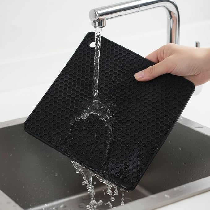 6-Pack Silicone Trivet Mats, Heat Resistant Hot Pads, Dishwasher Safe Kitchen Mats, BPA-Free Pot Holders for Table, Countertop, Stove, Honeycomb Design (Black, 7" Square)