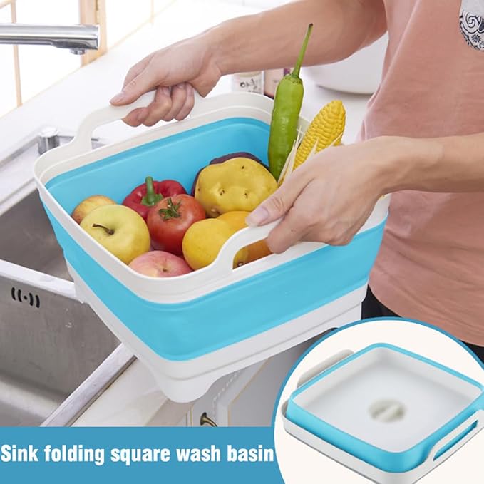 ddLUCK Dish Basin Collapsible with Drain Plug Carry Handles for 9L large Capacity, Washing Basin, Collapsible Dish Tub For RV Sink, Vegetable, Fruit, Food Sink Strainer Dish Washing Tub - Blue