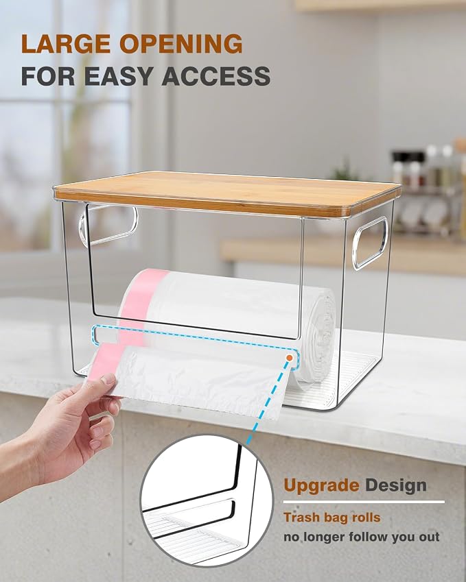 Trash Bag Dispenser 2 Pack (XL+S) - Trash Bag Holder with Bamboo Top | Acrylic Garbage Bags Dispenser Under Sink Organizer for Pantry, Kitchen, Laundry Room, Cabinet 2 Pack (XL+S)
