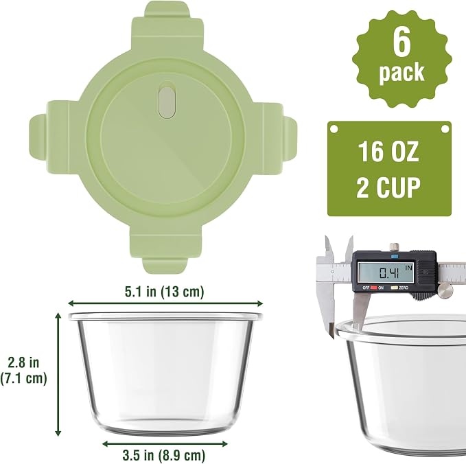 2 Cup/16oz Round Glass Meal Prep Containers with Airtight Lids, 6 Pack | Leakproof丨Borosilicate Glass丨Heat-Resistant丨BPA-Free丨Lunch Soup Leftovers Food Storage丨Microwave Oven Dishwasher Freezer Safe