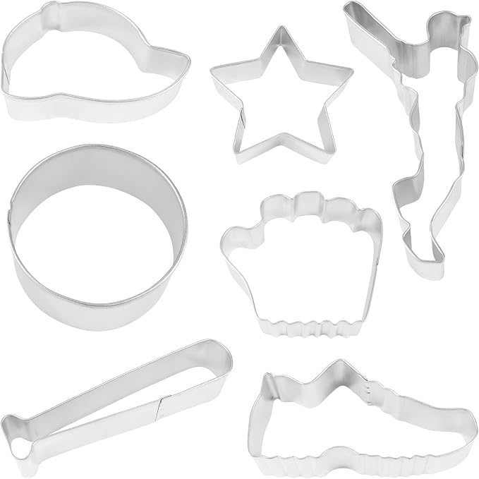 R&M International Baseball Cookie Cutters, Bat, Hat, Ball, Player, Glove, Star, Sneaker, 7-Piece Set,Silver