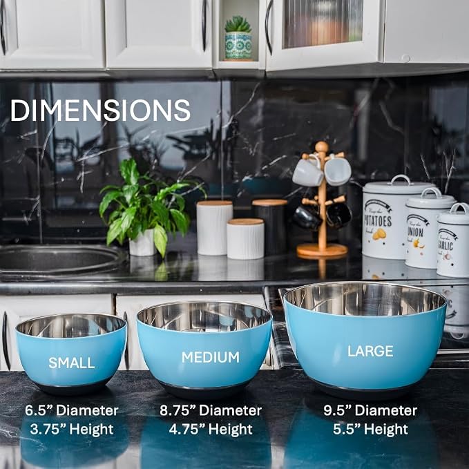 Stainless Steel Mixing Bowls Set, 3-Piece with Silicone Base | 1.5, 3 & 5 Qt Metal Bowls for Meal Prep, Baking, Cooking, Serving & Food Storage, Non-Slip Base, Dishwasher Safe, Blue