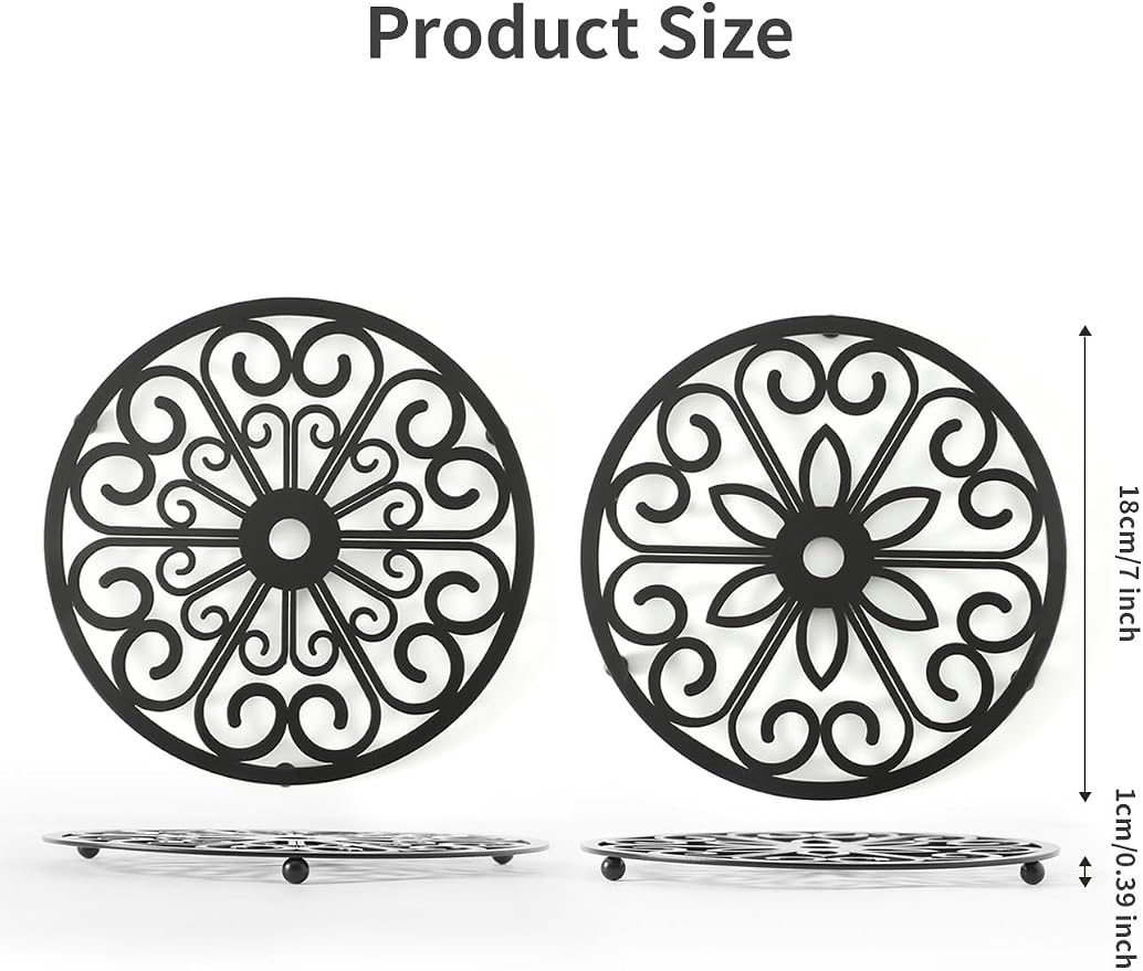 2 Pack Decorative Round Flower Trivets - 7 Inch Iron Pot Pads, Black Elegant Kitchen and Dining Table Protector, Teapot Stands Holders, Metal Plant Holder for Desktop Potted Plant、Small Green Plants