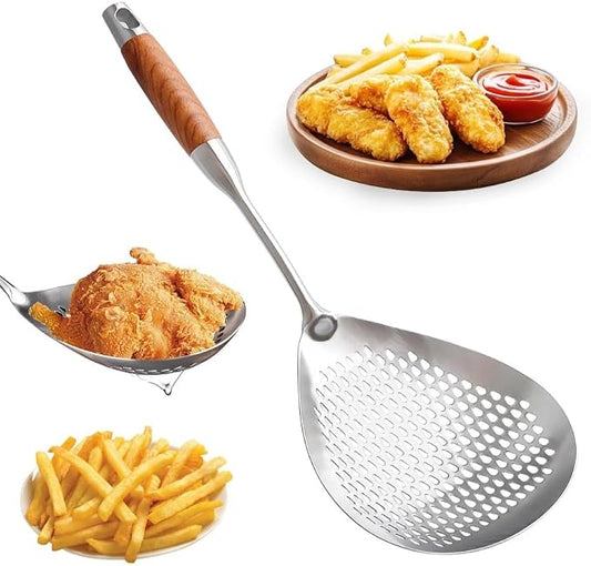 Skimmer Slotted Spoon 304 Stainless Steel With Wooden Handle 16.8 inch Skimmer Spider Food Strainer Ladle Kitchen Cooking Colander for Pasta Deep Frying Scoop