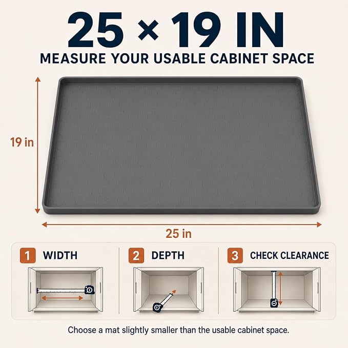 25” x 19” Silicone Under Sink Mat for Bathroom/Kitchen Cabinet Organizer Mat | Leak-Proof Waterproof Liner Pad & Anti-Spill Tray | 0.7in Edge Barrier, 3.5Gal Capacity