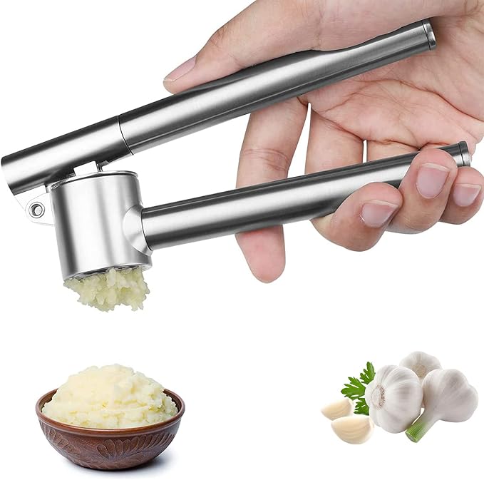 Garlic Press Garlic Mincer & Crusher Stainless Steel Garlic Press Set for Kitchen with Brush & Peeler, Kitchen for Garlic, Garlic Presser Easy to Clean Easy Squeeze Rust Proof (Small A - Single)