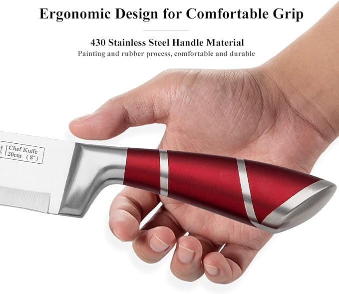 Kitchen Knife Set, 9Pcs Red Knife Set with Rotation Block, Ergonomical Handle,Non Stick Sharp Stainless Steel Chef Knife Block Set for Home Cooking Gift