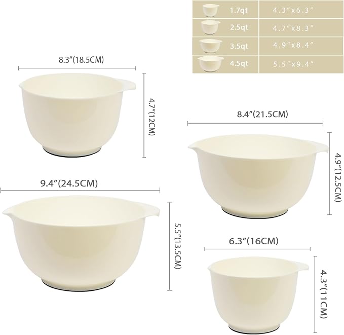 BoxedHome 4.5 Quart Large Plastic Mixing Bowls set with Pour Spout, Beige | BPA-Free Plastic, Microwave & Dishwasher Safe, 4-Piece (1.7, 2.5,3.5 & 4.5 Qt),Nesting Bowls for Space Saving Storage