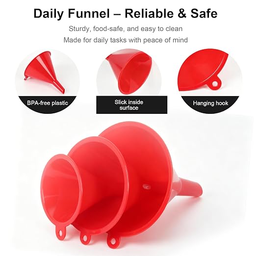 Plastic Kitchen Funnel Set of 3 with Brush – BPA Free Food Grade Funnels for Filling Canning Bottles Oil, Multifunctional for Cooking Lab Automotive, Red