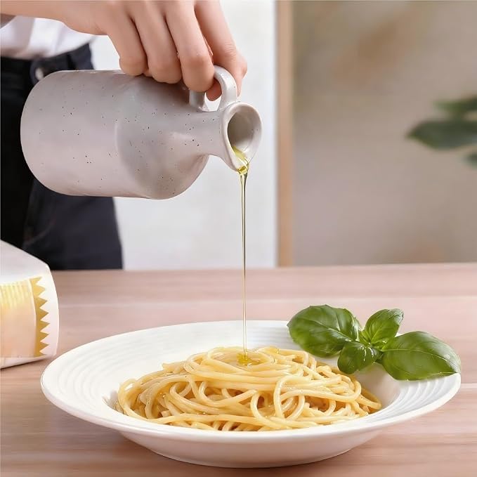 White Ceramic Olive Oil Dispenser with Cork Stopper 13.5 Oz Hand crafted | Reactive Glaze Texture Oil Pot, Leak - Proof Small Hole Spout for Kitchen, Ideal for Vinegar, Wine, Soy Sauce, Lemon Juice