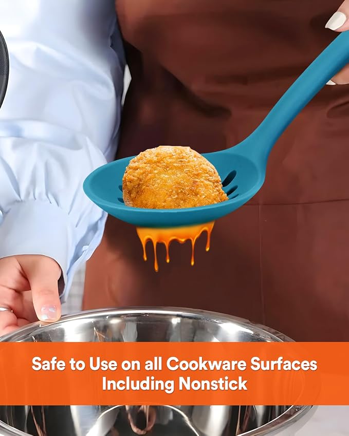 Kitchen Ladle Strainer, Large Slotted Spoon with High Heat Resistant BPA Free, Non Stick Cooking Skimmers For Draining & Frying, 13.2inch (Blue)
