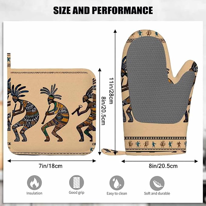 Mxocom Kokopelli Oven Mitt and Pot Holder with Silicone Stylized Mythical Characters Playing Flutes Heat Resistant Kitchen for Cooking BBQ Baking Grilling Spring/Summer