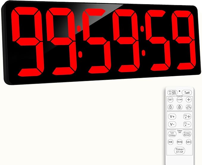 17.2" Large Digital Timer Wall Clock with Remote Control, Count Down Up Digital Timer, Auto DST LED Big Digital Clock for Bedroom Kitchen Living Room Office Gym Home Decor, Red
