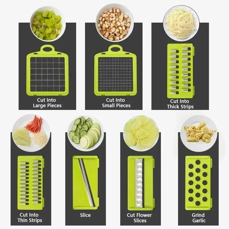16 in 1 Vegetable Chopper Dicer with Container, Cheese Grater Mandoline Slicer, Stainless Steel Blades, Manual Hand Kitchen Gadget for Onion Potato Fruit