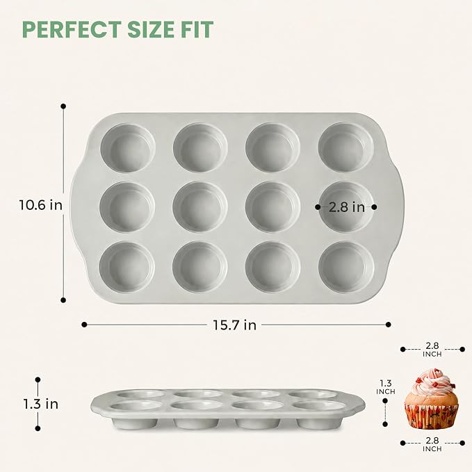 12-Cavity Muffin Pan, Nonstick Ceramic Cupcake Pan, Heavy-Duty 0.6mm Aluminum, Easy-Release Bakeware for Home Bakers & Holiday Treats, Grey