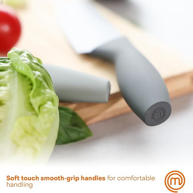 MasterChef Knife Block Set of 6 Kitchen Knives, Extra Sharp Stainless Steel Blades for Professional Cutting with Non Stick Coating & Soft Touch Easy Grip Handles in a Universal Holder, Earth Greys