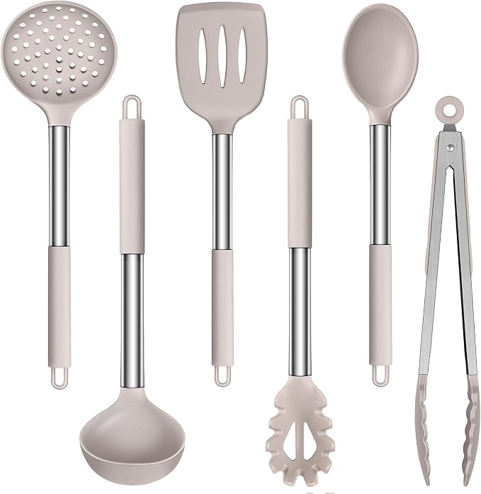 LIANYU Cooking Utensils Set of 6, Silicone Kitchen Utensils Set for Nonstick Cookware, Heat Resistant Kitchen Gadgets Tools, Includes Spatulas, Spoons, Tongs, Stainless Steel Handle, Khaki