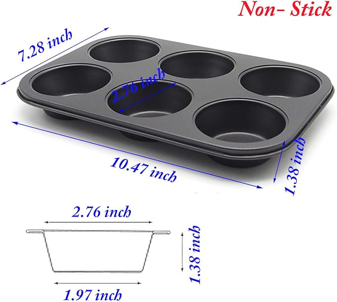 Muffin Pan 6 Cup Cupcake Baking Pan High Carbon Steel Muffin Tin | Nonstick Standard Size, Easy Clean Easy Release, Air-fryer Toaster Oven Egg Bites, Heat Evenly Metal Everyday Warp-Resistant