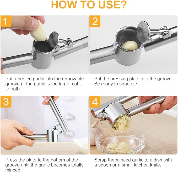 Garlic Press Garlic Mincer & Crusher Stainless Steel Garlic Press Set for Kitchen with Brush & Peeler, Kitchen for Garlic, Garlic Presser Easy to Clean Easy Squeeze Rust Proof (Small A - Set)