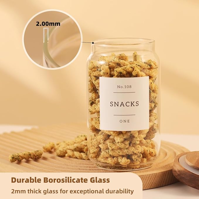 6 Pack Glass Canisters with Airtight Acacia Lids and 132 Kitchen Pantey Labels Preprint - 24 Fl Oz Borosilicate Glass Pantry Storage Jars Containers with Wooden Lids for Tea,Sugar,Cookie,Coffee,Candy