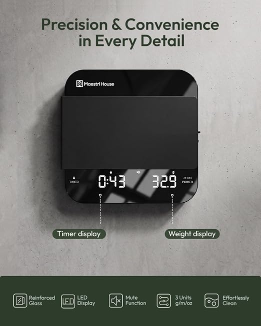 Maestri House S2 Espresso Coffee Scale with Timer 0.1g Precision Shot Scale | USB-C Rechargeable, Dual Timing Modes, 2kg/0.1g Digital Scale with Borosilicate Glass Top for Espresso and Pour-Over Brewing