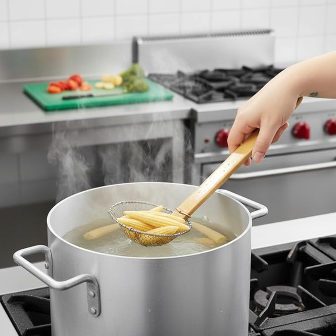 TrueCraftware- 4” Fine Mesh Skimmer Galvanized Steel with Natural Bamboo Handle- Spider Strainer Ladle Kitchen Frying Food Pasta Spaghetti for Cooking and Frying Pasta Strainer Spoon