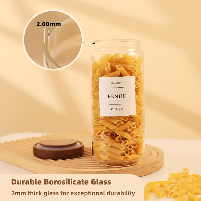 3 Pack Glass Canisters with Airtight Acacia Lids and 132 Kitchen Pantey Labels Preprint - 36 Fl OZ Borosilicate Glass Pantry Storage Jars Containers with Wooden Lids for Tea,Sugar,Cookie,Pasta,Candy