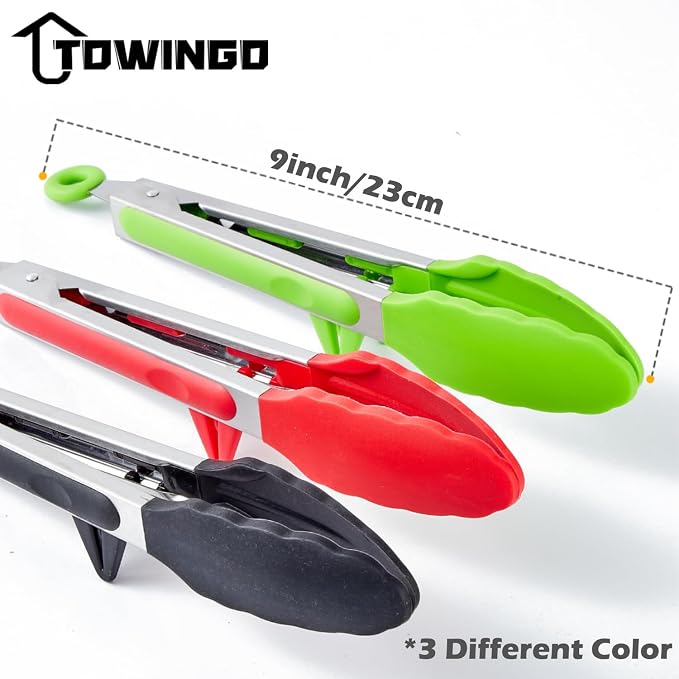 9" Kitchen Tongs, 3Pcs Tongs for Cooking with Silicone Tips, Food Grade Small Silicone Tong, Mini Serving Tong for BBQ Salad(Black,Red,Green)