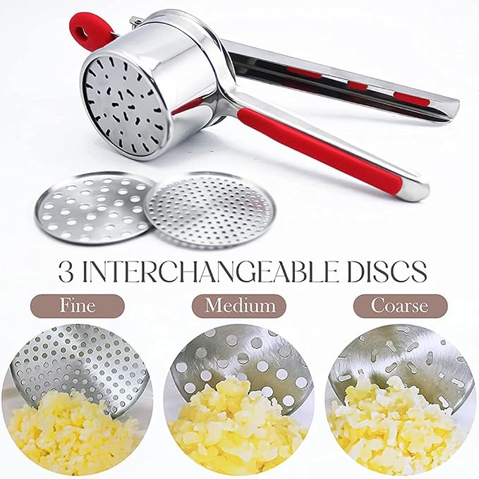 Potato Ricer,Stainless Steel Potato Masher with 3 Interchangeable Discs,Ricer for Mashed Potatoes,Mashed PotatoMasher for Commercial Home Use,Potatoes Press Kitchen Gadget,Red