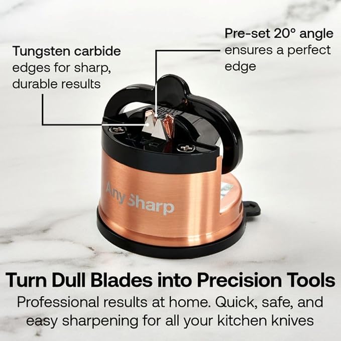 AnySharp – Chef – Hands Free Knife Sharpener - Easy to Use Sharpening Tool with PowerGrip Suction Base and 20-Degree Pre-Set Angle - for All Knives: Chef's, Serrated, and Hardened Steel - Copper
