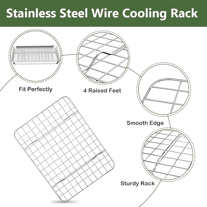 1/8 Baking Sheet Pan Cooling Rack Set, Stainless Steel 2 Pans + 2 Racks | 9x7x1 Inches Small Baking Sheet Pan with Nonstick, Warp Resistant, Heavy Duty Design for Baking, Roasting, and Cooking