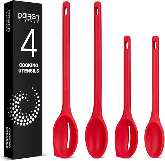 Silicone Cooking Spoons Set, Heat Resistant Kitchen Utensils, Non-Stick BPA Free Solid & Slotted Spoons for Mixing, Scooping, Draining, Serving, Basting (4 Pack) (RED)
