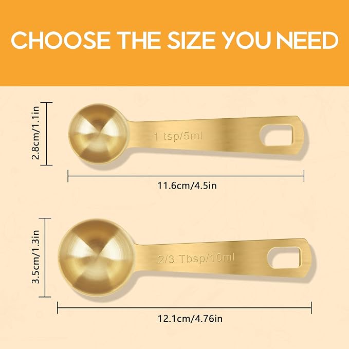 2 PCS 1 Teaspoon(5 mL, 1tsp, 1/3tbsp) Stainless Steel Single Measuring Spoon, Easy to Use and Easy to Wash Metal Measuring Scoop Kitchen Gadgets for Cooking & Baking(Gold)