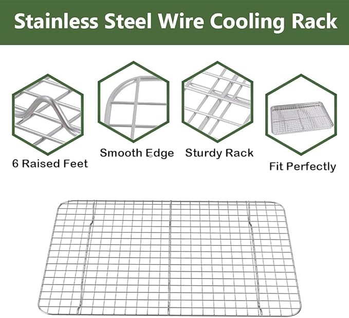 Half Baking Sheet Pan Cooling Rack Set, Stainless Steel 2 Pans + 2 Racks | 18x12x1 Inches Baking Sheet Pan with Nonstick, Warp Resistant, Heavy Duty Design for Baking, Roasting, and Cooking