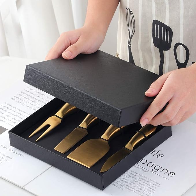 Cheese Knife Set, Stainless Steel Cheese Tool, Ergonomic Design&Easy To Use, for Birthday/Parties/Wedding/Bridal Shower/Housewarming and Anniversary (goldcase)
