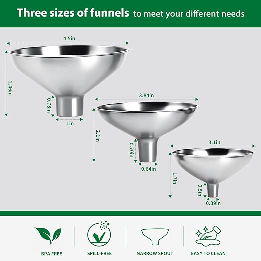3-Piece Stainless Steel Kitchen Funnel Set, Includes 3 Sizes for transferring seasonings, Oils, Liquids, Dry Goods and Powders. Durable and Reusable, with Easy Cleaning.