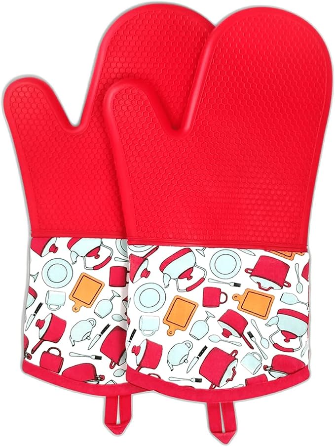 LYART Heat Resistant Silicone Oven Gloves, Non-Slip Oven Mitts with Cotton Lining, Pot Holders and Hot Pads for Kitchen Baking Cooking BBQ (Red, 1 Pair)