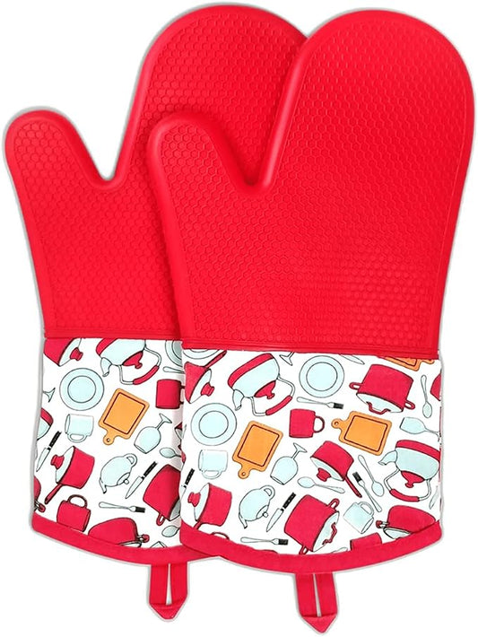LYART Heat Resistant Silicone Oven Gloves, Non-Slip Oven Mitts with Cotton Lining, Pot Holders and Hot Pads for Kitchen Baking Cooking BBQ (Red, 1 Pair)
