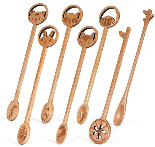 7 Pack Wood Mixing Spoons Long Handle Wooden Dessert Spoons Wood Coffee Spoons for Kitchen Stirring Cooking