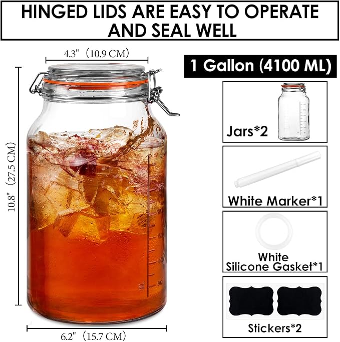 1 Gallon Glass Jars with Lids, 2 Pack Wide Mouth Mason Jars, 138 oz | Airtight Lids, Measurement Marks, Dishwasher Safe, Heavy-Duty Glass Storage Containers for Flour, Sugar, Kitchen & Pantry